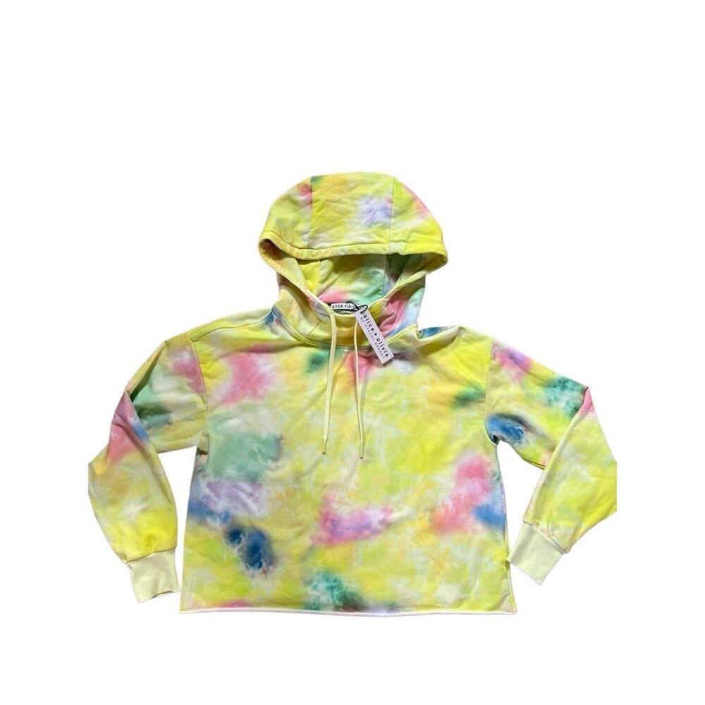 ALICE + OLIVIA Niki Funnel Neck Cropped Hoodie in Beachside Tie Dye NWT Size S